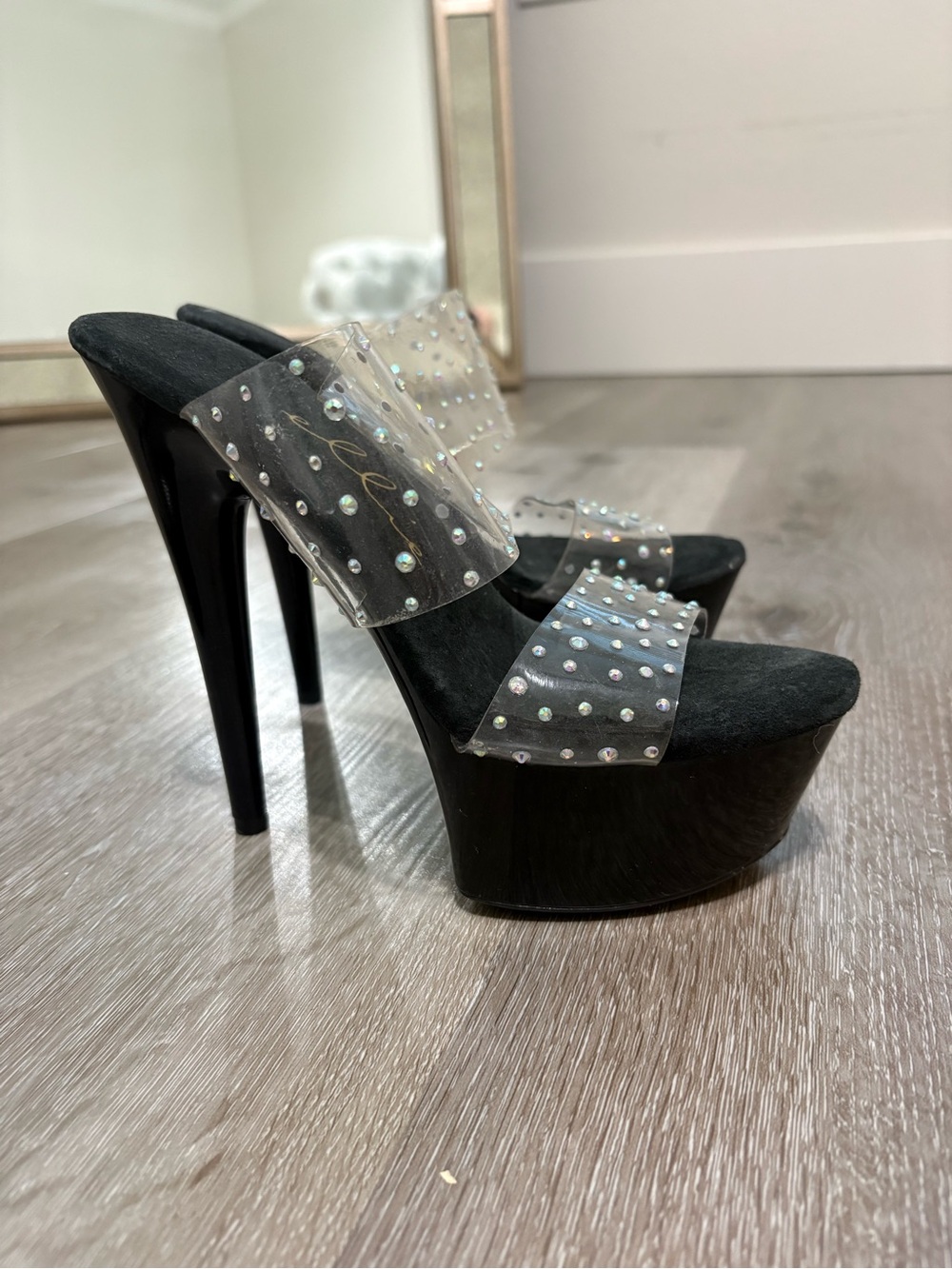 Ellie Black Platform Stiletto Mules with Clear Rhinestone Straps - Picture 1 of 7
